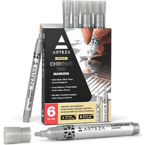 ARTEZA Mirror Chrome Marker, 6 Pack, 2.9mm & 5mm Nibs, Hi-Gloss Silver Metallic Pens for Eye-Catching Art on Various Surfaces, Craft Paint Markers