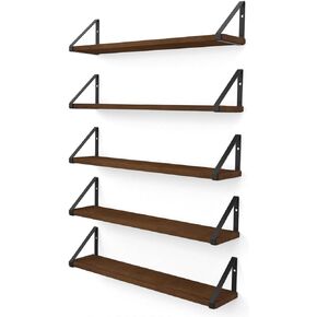 Wallniture Ponza Floating Shelves for Wall, 24" Floating Bookshelf, Wood Wall Shelves for Bedroom Decor, Walnut, Floating Shelf Set of 5