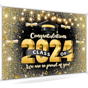 Avezano Black and Gold Graduation Backdrop Congrats Grad Class of 2024 Party Decorations Golden Glitter Graduation Prom Party Photoshoot Background We are So Proud of You Banner (7x5ft)