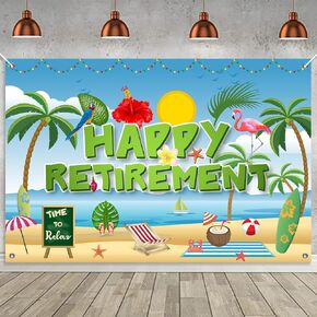 Hawaiian Retirement Party Decorations, Large Luau Happy Retirement Banner Backdrop Congrats Retirement Photo Booth Prop for Summer Beach Pool Theme Retired Party Decor Supplies