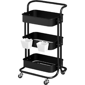 3-Tier Utility Rolling Cart, Mesh Rolling Storage Cart with Lockable Wheels & 2 Hanging Cups, Metal Organization Rolling Cart for Bathroom, Kitchen, Office, Living Room(Black)