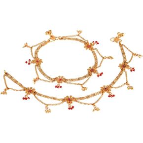 Efulgenz Indian Anklets for Women with LayeChain Antique Gold Tone Boho Gothic Vintage Rhinestone Ankle Bracelet Pair Anklet Set with Faux Pearl Charms Payal Beach Barefoot Feet Jewelry for Women