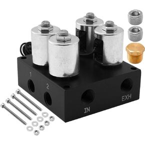 Vixen Air Suspension Valve Manifold 1/4 "NPT Kit مع 4 صمامات ملف لولبي لركوب الهواء. ينفخ ويفرغ ما يصل إلى 2 كيس هواء، نوابض VXF2UM14C