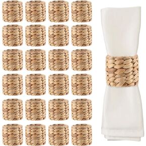 25 Pcs Round Woven Napkin Ring, Water Hyacinth Farmhouse Rattan Napkin Rings, Handmade Braided Nature Napkin Rings for Party, Wedding