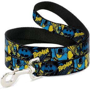 DC Comics Pet Leash, Dog Leash, Batman Poses and Logo Collage Black Blue Yellow, 4 Feet Long 1.0 Inch Wide