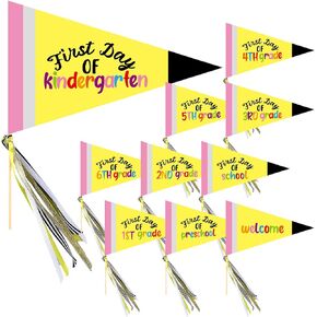 10 Pcs First Day of School Flag DIY 2024 Back to School Pennant First Day of Preschool Sign with Ribbons Make Your Own Photo Prop for School Classroom Decoration, Yellow