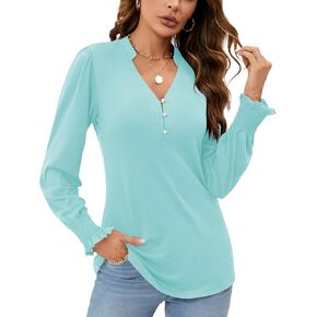Rapbin Womens V Neck Puff Long Sleeve Button Down Tunic Blouses Fall Tops 2024 Ruffle Cuffs Dressy Casual T-Shirts