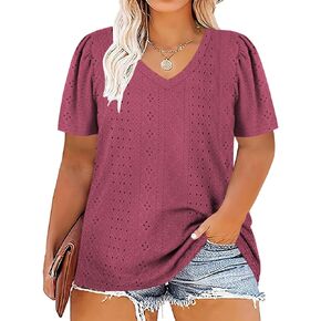 ROSRISS Womens Plus-Size Tops Summer Short Sleeve V Neck Eyelet Shirts