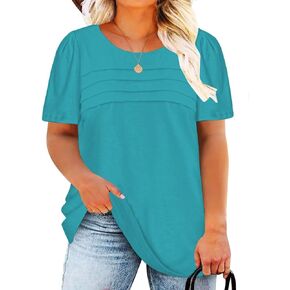 DOLNINE Plus Size Tops for Women Summer Puff Short Sleeve Shirts Casual Pleated Crewneck Tees
