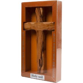 Handmade Olive Wood Carved Dented Ridged Cross with Holy Soil from Holy Land Jerusalem Blessed Christian Souvenir Gift Decor Ornament Bible 6"