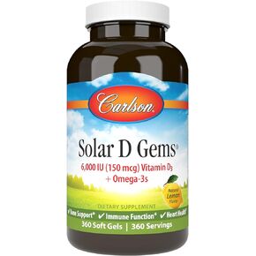 Carlson - Solar D Gems, Vitamin D3 and Omega-3 Supplement, 6000 IU (150 mcg) Vitamin D3, 115 mg Omega-3s EPA and DHA Supplement, Wild Caught, Sustainably Sourced, Lemon, 360 Softgels