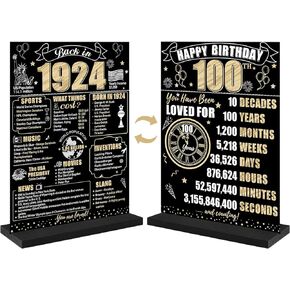 Eiurteao 100th Birthday Decorations Back in 1924 Table Sign for Men Women, Black Gold Happy 100 Bday Two-Sided Wooden Table Poster with Stand Party Supplies, One Hundred Birthday Display Holder Decor