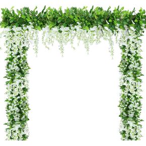 CEWOR الوستارية الزهور الاصطناعية إكليل، 6 حزمة إجمالي 36.6FT الحرير وهمية الوستارية الزهور المعلقة، زهرة إكليل الزينة للمنزل حديقة في الهواء الطلق حفل زفاف قوس الديكور (أبيض) in Kuwait