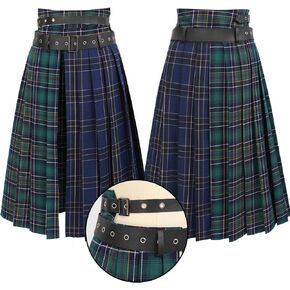 DAZCOS Plaid Slit Thigh Midi Skirt for Women US Size Low Waist Pleated Maxi Skirt with Belt in Kuwait