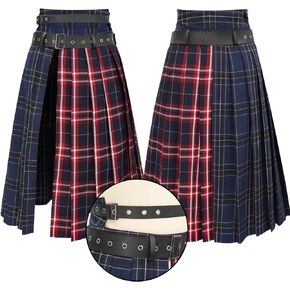 DAZCOS Plaid Slit Thigh Midi Skirt for Women US Size Low Waist Pleated Maxi Skirt with Belt