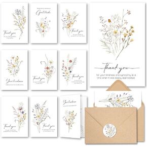 20 Pcs Funeral Thank You Cards with Envelopes Message Inside and Matching Stickers - Bulk 4×6 Watercolor Boho Wildflower Bereavement Thank You Cards For Funeral - Sympathy Thank You with Message Card