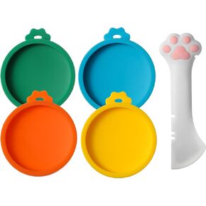 Cat Food Can Lids with Cat Food Spoon, 4 Pack Small Silicone Pet Food Can Covers Lids for Cat Food Cans 3 oz, Multi-Functional Cat Spoon Can Opener Spatula for Canned Wet Food