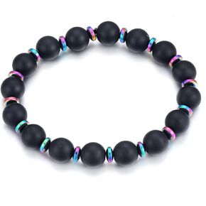10MM Black Onyx Stone Beads Elastic Bangle Bracelet with Rainbow Stainless Steel Beads, Unique, Mens Womens