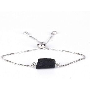 Natural Rough Black Tourmaline Mineral Healing Calm Energy Stone Bead Adjustable Silver Dainty Link Bracelets for Women Silver Chain