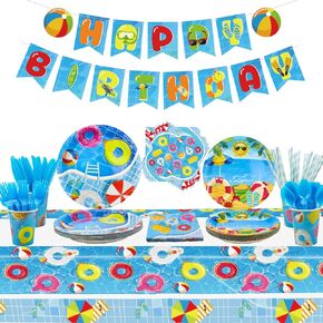 Beach Ball Birthday Party Supplies - Pool Party Decorations Set Includes HAPPY BIRTHDAY Banner, Plates, Cups, Napkins, Tableware, Tablecloth - Serves 20