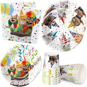 Cat Theme Birthday Party Supplies - Cat Party Decorations Dinnerware Include Cat Party Plates, Cup, Napkin, Kitten Birthday Decorations Tableware, Kitty Cat Birthday Party Supplies | Serve 24