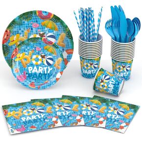 Pool Party Supplies - Pool Plates and Napkins Set, Disposable Pool Party Plates, Cups, Napkins, Straw and Cutlery for Summer Pool Birthday Party Decoration Supplies, Serve 24