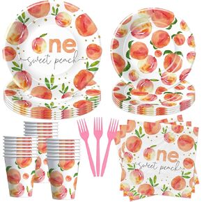 One Sweet Peach Birthday Decorations Party Tableware - Peach First Birthday Plates And Napkins Party Supplies, Paper Plate, Cup, Napkin, Fork, Peach Decorations For 1st Birthday | Serves 24