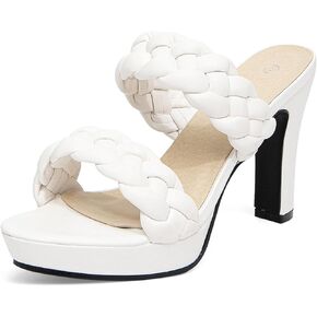 GATUXUS Women's Block High Heels Mule Sandals Round Toe Slip on Braided Strap Platform Dress Shoes