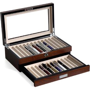 Pen Display Case with 24 Pen Slots, Fountain Pen Display Case, Wood Pen Storage Organizer, Pen Display Box for Men Gift, Pen Case with Glass Window(black ash veneer finish, dark gray velvet)