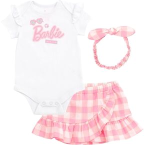 Barbie Baby Girls Bodysuit Ruffle Skirt and Bow Headband 3 Piece Outfit Set Newborn to Infant