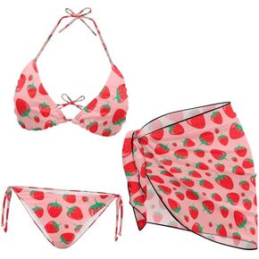Women's Hawaii Flowers 3 Piece Swimsuits Bathing Suit Sarongs Coverup, Halter Bikini Set with Beach Skirt Cover Up