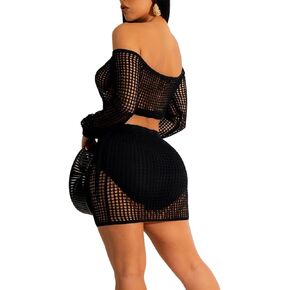 2 Piece Outfits Knitted Cover up Set Crochet Long Sleeve One Shoulder Hollow Top Drawstring Skirt Beach Cover up Set