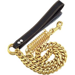 Dog Chain Leash Dog Heavy Duty Strong Chew Proof 19mm 2ft 3ft 4ft 18K Gold Chrome Stainless Steel Cuban Link Chain Labor-Saving Spring with Leather Handle for Medium Large Dogs(2FT)