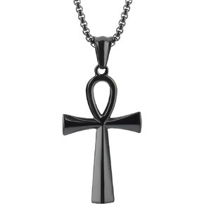 Cross Pendant for Car Rear View Mirror Decor Hanging Ornament Stainless Steel Coptic Ankh Cross Necklace Amulet Crucifix Jewelry Adult Men Christian Gift (Black)