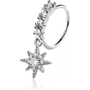 Pierced Owl 20GA 316L Stainless Steel CZ Crystal Lined Hoop with Dangling Starburst Bendable Nose Ring