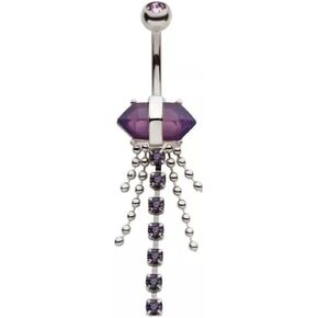 Pierced Owl 14GA 316L Stainless Steel Amethyst Crystal with Dangling Gems and Beads Belly Button Ring