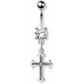 Pierced Owl 14GA 316L Stainless Steel CZ Crystal Cross Dangling Belly Button Ring