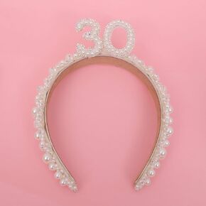 30th Birthday Pearl Jewel Embellished Headband - 30th Birthday Outfit Gifts For Women,Rhinestone Headband With Peals For 30th Birthday Decorations