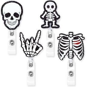 Xylolfsty Xray Badge Reels 4PCS Acrylic Skeleton Retractable Badge Holder with Alligator Clip Glitter Rib Skull Patterns ID Badge Clips for Rad Tech Nurse Doctor Student Halloween Christmas Gift Idea