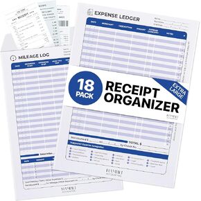 Extra Large Receipt Envelope & Receipts Organizer (Pack of 18) - Efficiently Manage Business Expenses & Log Mileage Trips - 12.8" × 9.0" Inches, Blue Color- Business Ledger for Small Business