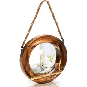 مرآة ديكور حائط ريفية، مرآة خشبية مستديرة صغيرة مقاس 10 بوصة مع حبل معلق، مرايا دائرية مزخرفة لبيت المزرعة لهدايا الانتقال إلى منزل جديد، مدخل غرفة النوم وغرفة المعيشة in Kuwait