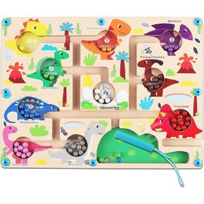JRD&BS WINL Magnetic Color and Number Maze - Montessori Toys for 3-6Year Old Boys Girls, Wooden Magnet Puzzle Game Board for Toddlers (Dinosaur)