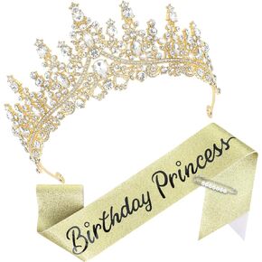 CAVETEE Princess Crown and Birthday Princess Sash, Birthday Tiara With Glitter Sash for Princess Party Decorations Happy Birthday Accessories Birthday Crown and Tiara for Women Girls (Glod)