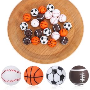 16 Pieces Silicone Ball Beads,15mm Sports Silicone Beads Soccer Football Basketball Baseball Multicolor Sports Beads Round Silicone Beads Bulk for Keychain Making Bracelet Necklace Lanyards DIY Crafts