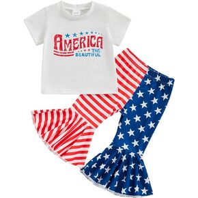 Toddler Baby Girl 4th Fourth of July Outfit Short Sleeve Retro Shirt Top American Flag Bell Bottoms Pants Clothes