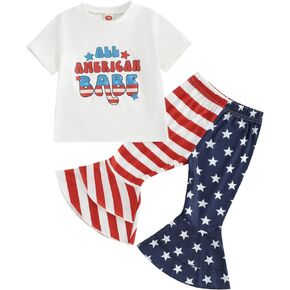 Toddler Baby Girl 4th Fourth of July Outfit Short Sleeve Retro Shirt Top American Flag Bell Bottoms Pants Clothes