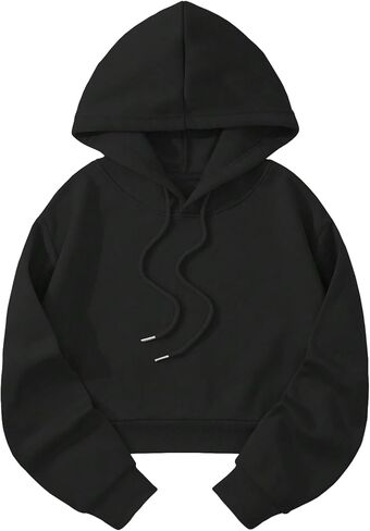 SHENHE Women's Casual Long Sleeve Drawstring Crop Hooded Sweatshirt Hoodie Tops Black L in Saudi Arabia