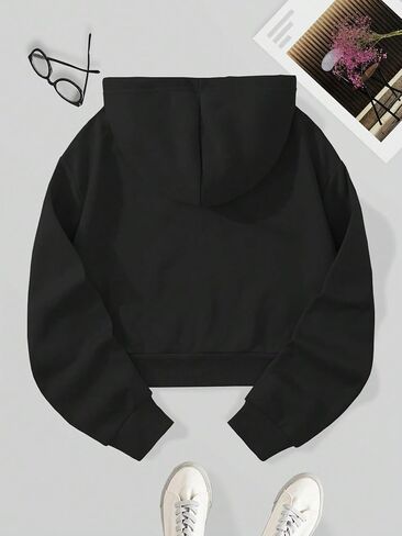 SHENHE Women's Casual Long Sleeve Drawstring Crop Hooded Sweatshirt Hoodie Tops Black L in Saudi Arabia