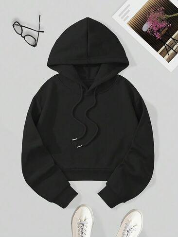 SHENHE Women's Casual Long Sleeve Drawstring Crop Hooded Sweatshirt Hoodie Tops Black L in Saudi Arabia
