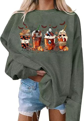 VKEGNIO Halloween Sweatshirt Women Horror Movie Pumpkin Coffee Graphic Sweatshirts Halloween Shirts Fall Crewneck Sweatshirt in Saudi Arabia